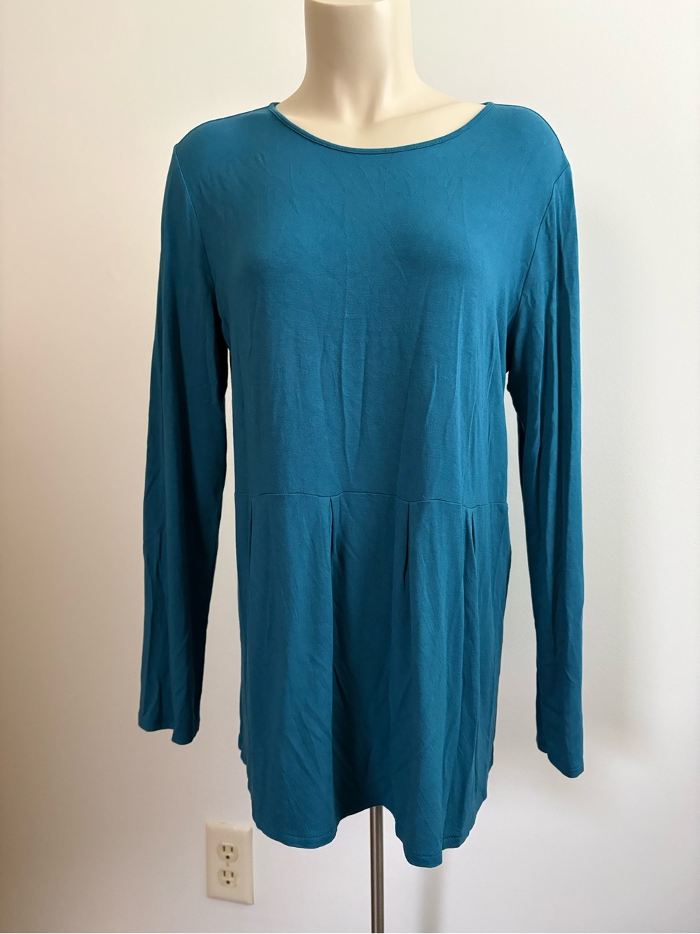 J. Jill Wearever Pleated Babydoll Tunic Shirt Teal Cyan Blue Long Sleeve Medium
